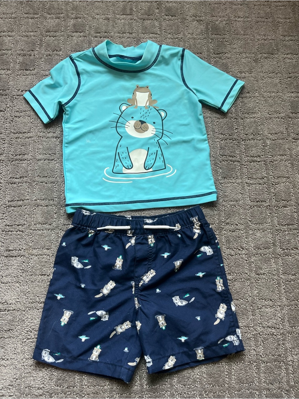 Baby Two-Piece Aqua Otter Swim Set - Short Sleeve Rash Guard & Navy Swim Trunks